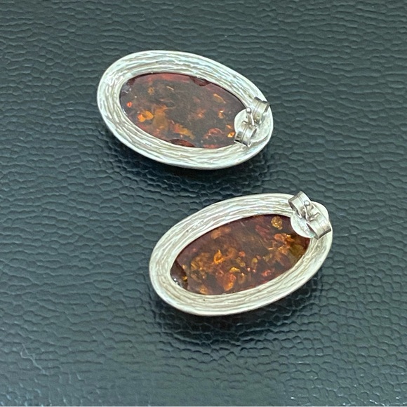 Vintage Sterling Silver Handcrafted Cabochon Oval Baltic Amber Earrings 7.4g - Picture 7 of 15